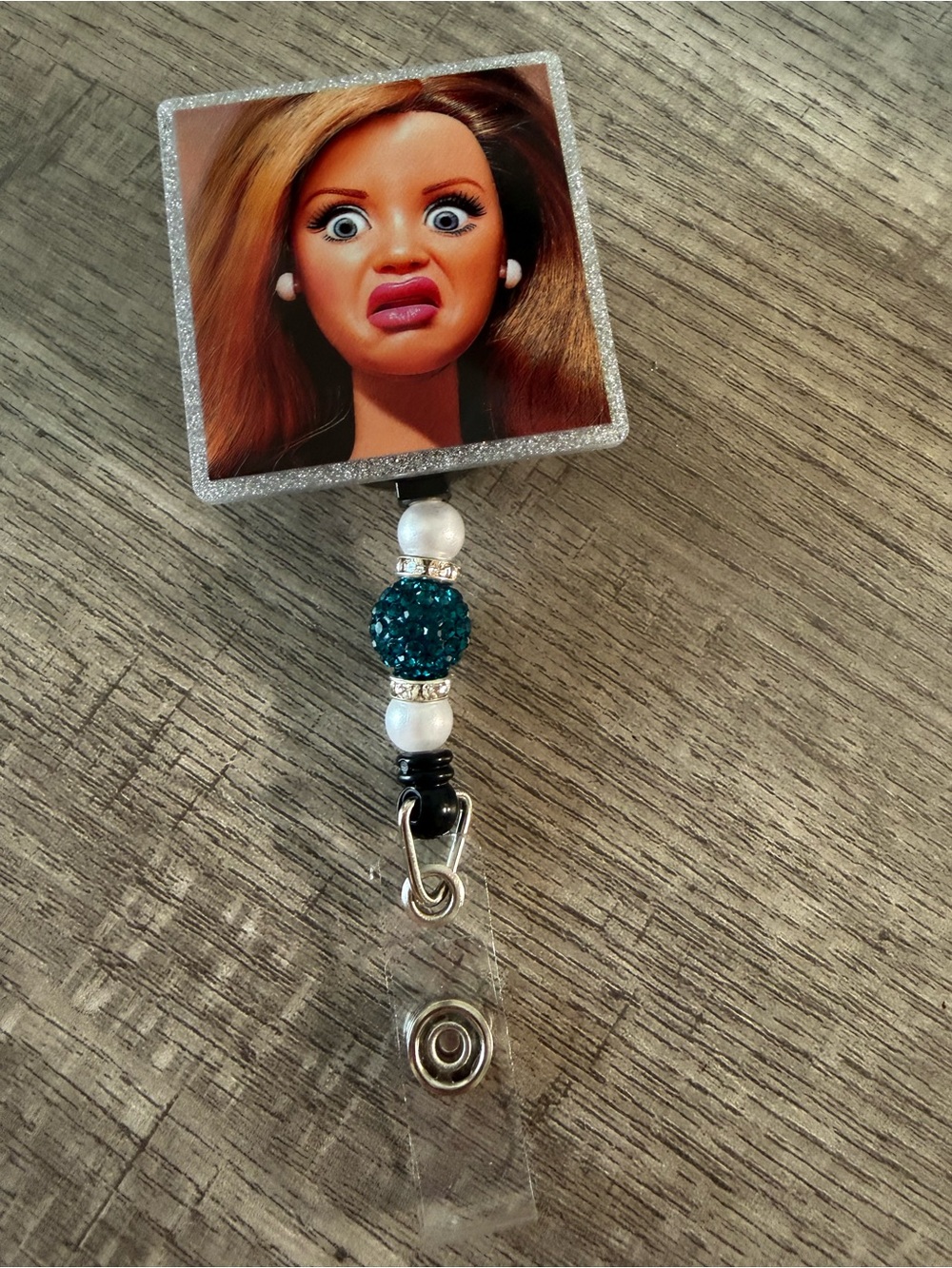 Teal Beaded Retractable Badge Reel with Pearl Accents